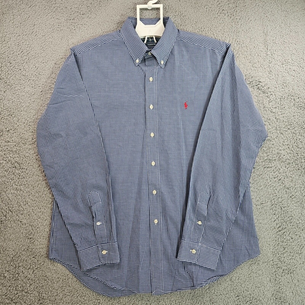 Ralph Lauren Shirt Men Large Classic Fit Button Long Sleve Navy Blue White Plaid